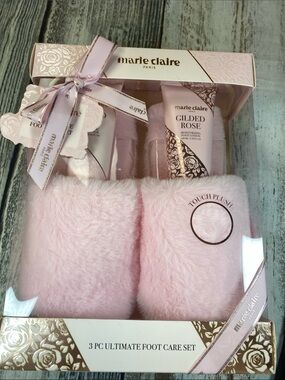 Marie Claire Gilded Rose 3 Pc Ultimate Foot Care Set w/ Plush Slippers NIB